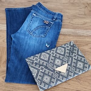 Blue Denim Jeans and Patterned Clutch